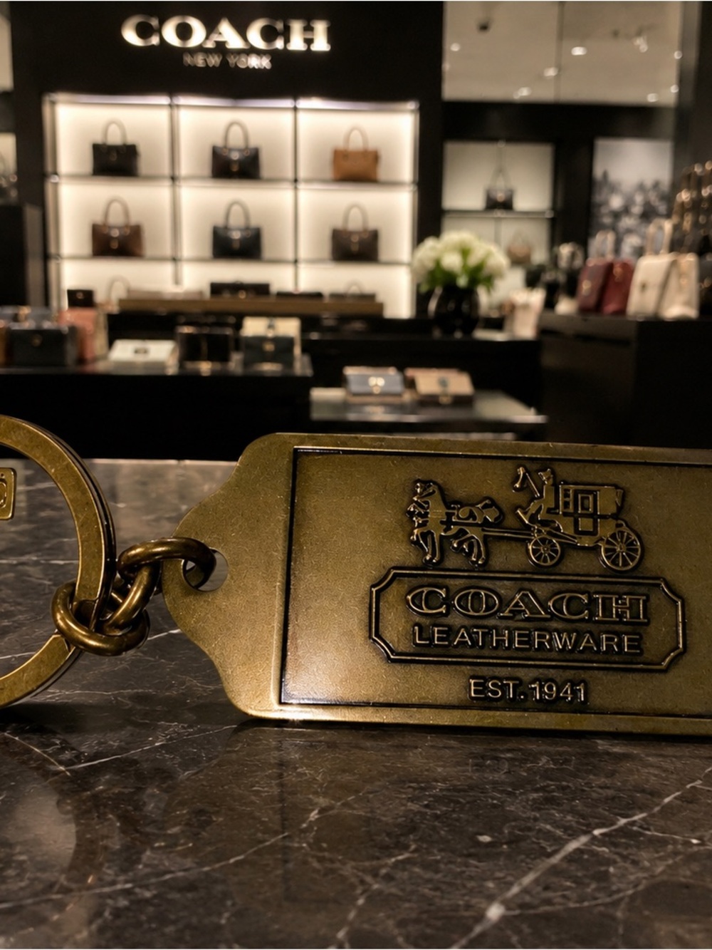 Coach Vintage Brass Horse and Carriage Lozenge Key Fob. NWOT